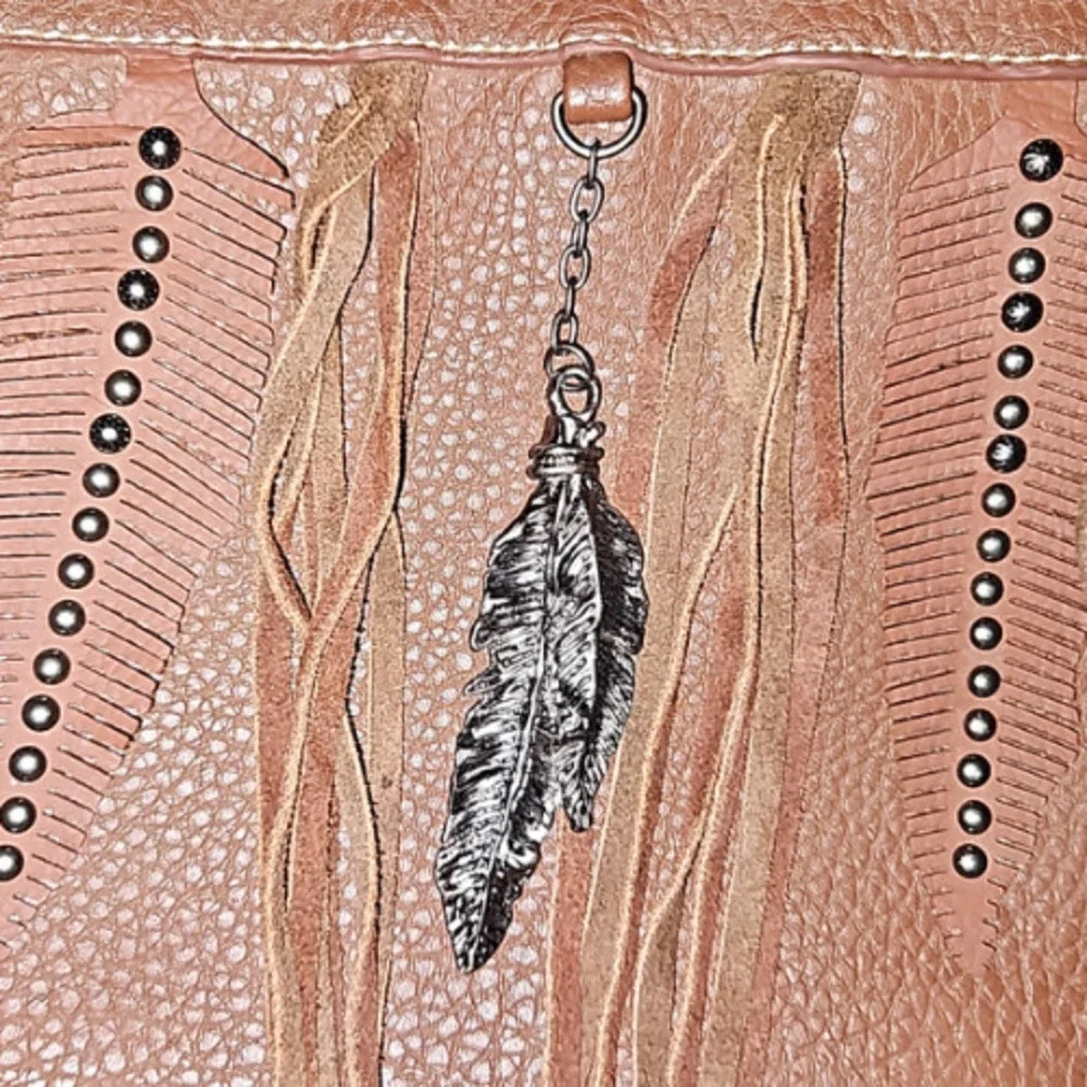 Montana West Feather and Fringe Brown Shoulder Bag Purse - Picture 6 of 6